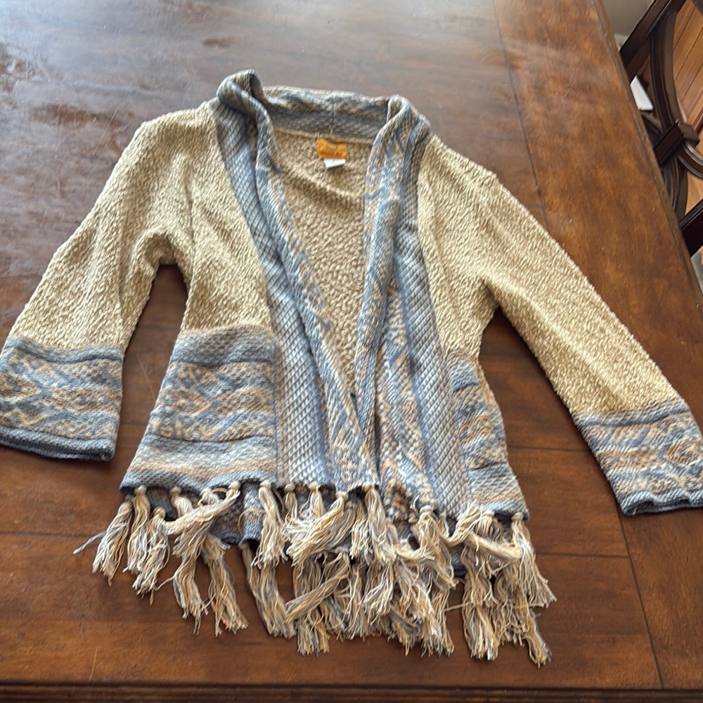 Ruby Rd Cream and Blue Cardigan with Fringe Detail
